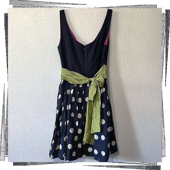 Vintage 2005 Dark Navy Dress w Cream Polka Dots, A Green Sash & Pink Lining (4) - Picture 5 of 5